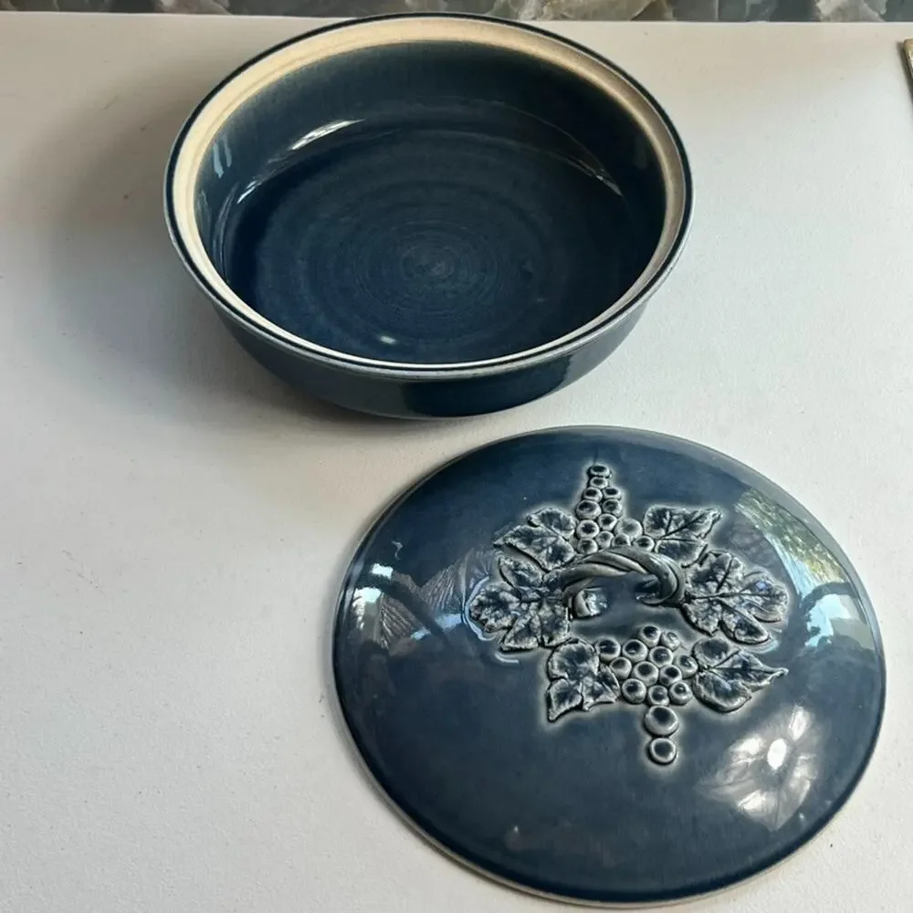 Blue Lidded Pot Casserole Serving Dish Grapes Leaves Handmade & Signed Glazed